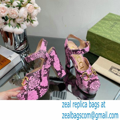 Gucci Heel 12cm Platform 3.5cm Sandals with Horsebit python print Pink 2023 - Click Image to Close