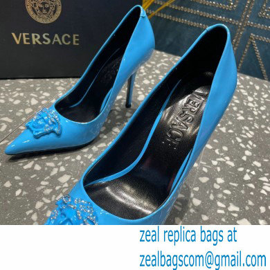Versace Heel 9.5cm La Medusa Pumps Patent Blue 2023 - Click Image to Close