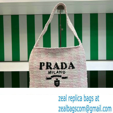 Prada Raffia-effect yarn crochet tote bag 1BC182 White/Pink