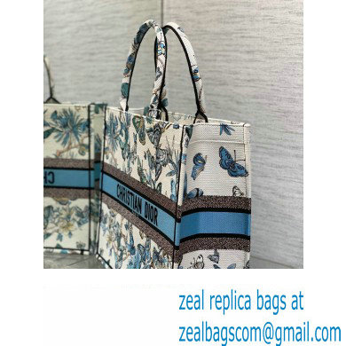 Dior Large Book Tote Bag in White and Pastel Midnight Blue Toile de Jouy Mexico Embroidery