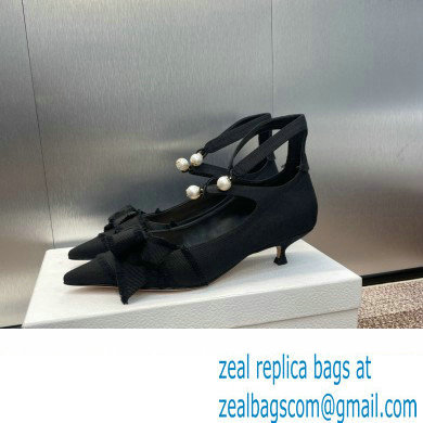 Dior Heel 4cm Adiorable Pumps in Black Fringed Grosgrain with Bow and Pearl 2024