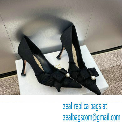 Dior Heel 8cm Adiorable Pumps in Black Fringed Grosgrain with Bow and Pearl 2024