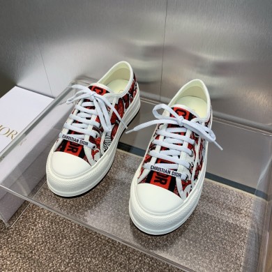 Dior Walk'n'Dior Platform Sneaker in White and Red Embroidered Cotton with Le Coeur des Papillons Motif 2024