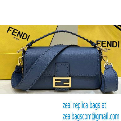 Fendi Medium Baguette Bag Blue Selleria with oversize topstitching 2024