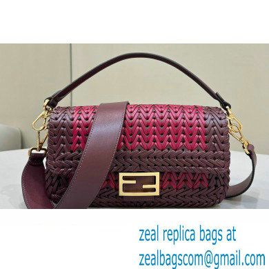 Fendi Medium Baguette Bag Red and burgundy interlaced leather and raffia 2024