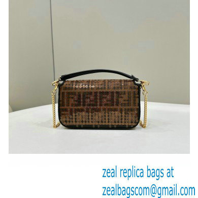 Fendi Mini Baguette Bag Brown FF jacquard fabric with sequins 2024