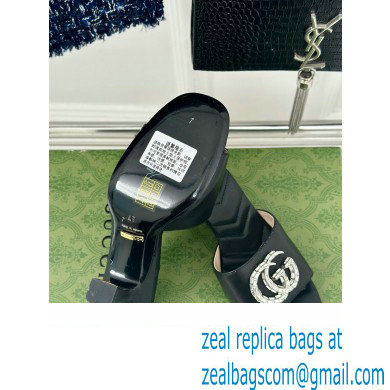 Gucci Heel 7cm Crystal Double G Slides Sandals Black 2024