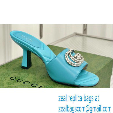 Gucci Heel 7cm Crystal Double G Slides Sandals Blue 2024 - Click Image to Close