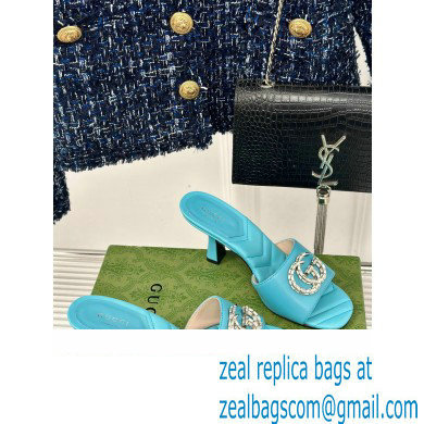 Gucci Heel 7cm Crystal Double G Slides Sandals Blue 2024