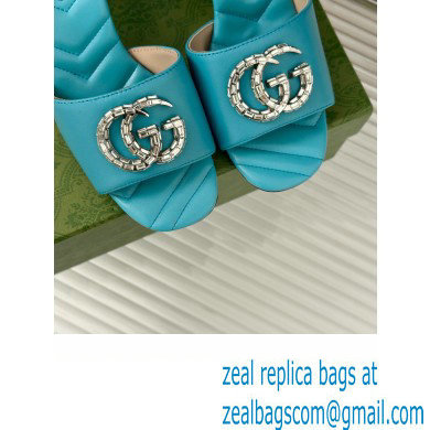 Gucci Heel 7cm Crystal Double G Slides Sandals Blue 2024