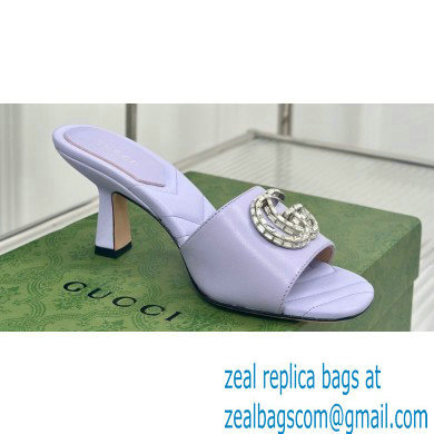 Gucci Heel 7cm Crystal Double G Slides Sandals Lilac 2024