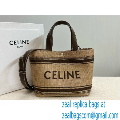 CELINE Mini Cabas in Textile with raffia effect and calfskin Natural / Chestnut 2024