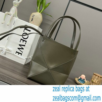 LOEWE Mini Puzzle Fold Tote in shiny calfskin 052322 dark khaki green 2024