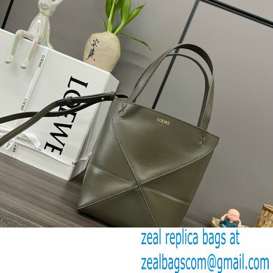 LOEWE Mini Puzzle Fold Tote in shiny calfskin 052322 dark khaki green 2024