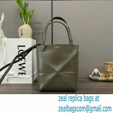 LOEWE Mini Puzzle Fold Tote in shiny calfskin 052322 dark khaki green 2024