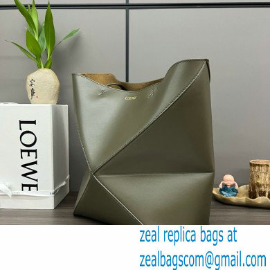 LOEWE Puzzle Fold Tote in shiny calfskin 052316 dark khaki green 2024