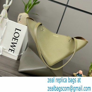 LOEWE Puzzle Fold Tote in shiny calfskin 052316 dark khaki green/green 2024