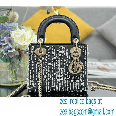 Mini Lady Dior Bag in Black Satin Embroidered with White Resin Pearls 2024