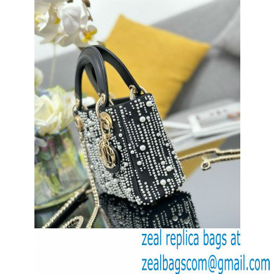 Mini Lady Dior Bag in Black Satin Embroidered with White Resin Pearls 2024