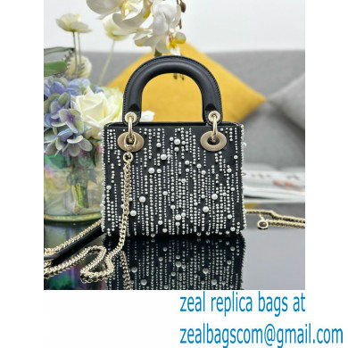 Mini Lady Dior Bag in Black Satin Embroidered with White Resin Pearls 2024