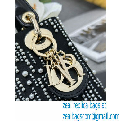 Mini Lady Dior Bag in Black Satin Embroidered with White Resin Pearls 2024