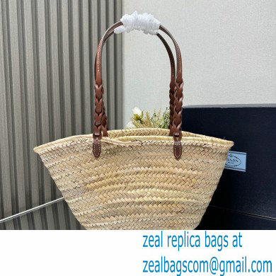 PRADA Woven Palm and Leather Tote 1BG314 Beige/Cognac 2024