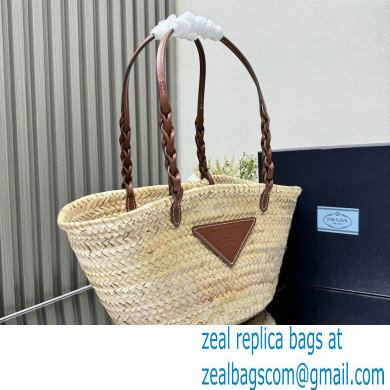 PRADA Woven Palm and Leather Tote 1BG314 Beige/Cognac 2024