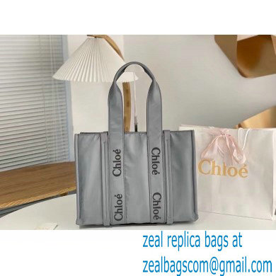 chloe large Woody tote bag in Recycled nylon with Chloe logo gray 2024