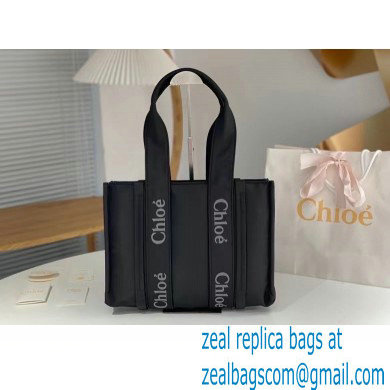 chloe medium Woody tote bag in Recycled nylon with Chloe logo black 2024