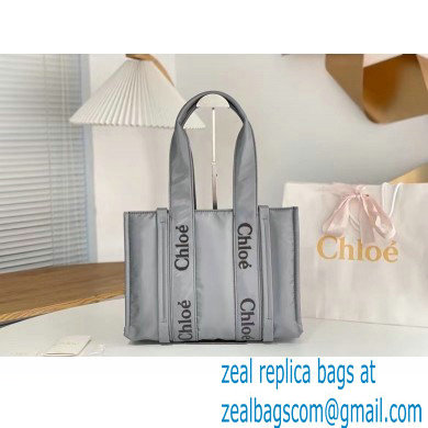 chloe medium Woody tote bag in Recycled nylon with Chloe logo gray 2024